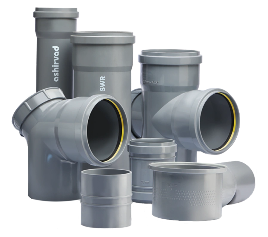 Ashirvad grey SWR drainage fittings, official product photograph