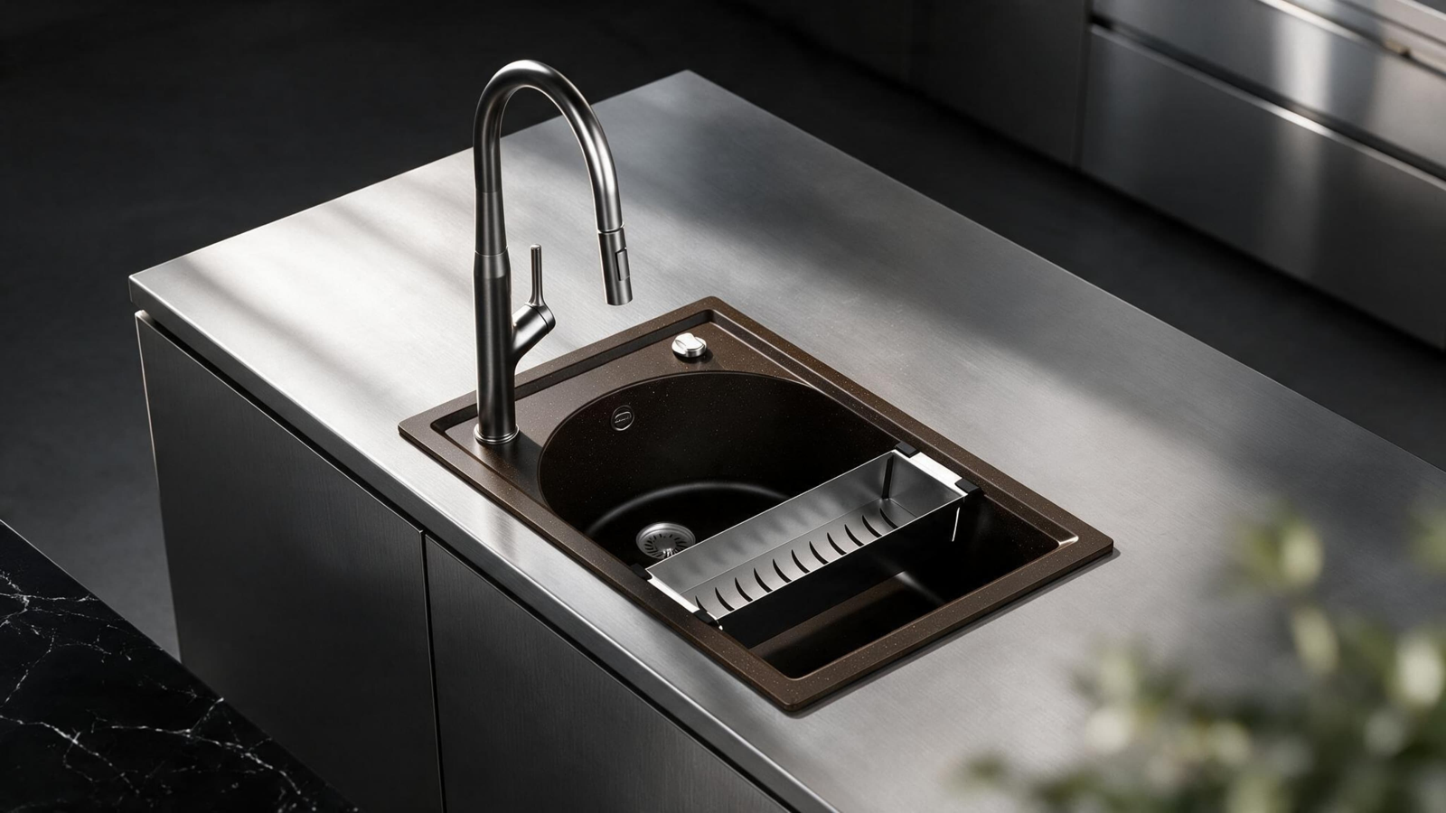 Carysil quartz kitchen sink and faucet on a stainless steel countertop, official brand image