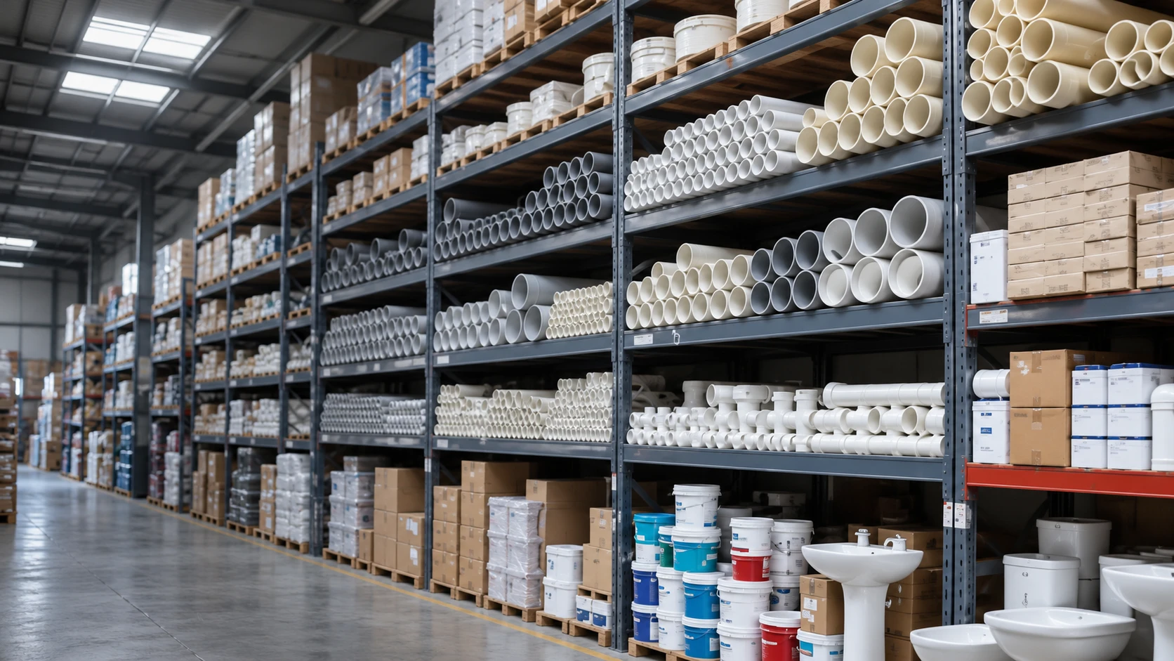 Illustrative organised building materials warehouse with pipes and wholesale inventory