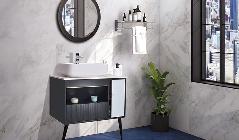 Parryware vanity and ceramic basin in a bathroom from the official collection